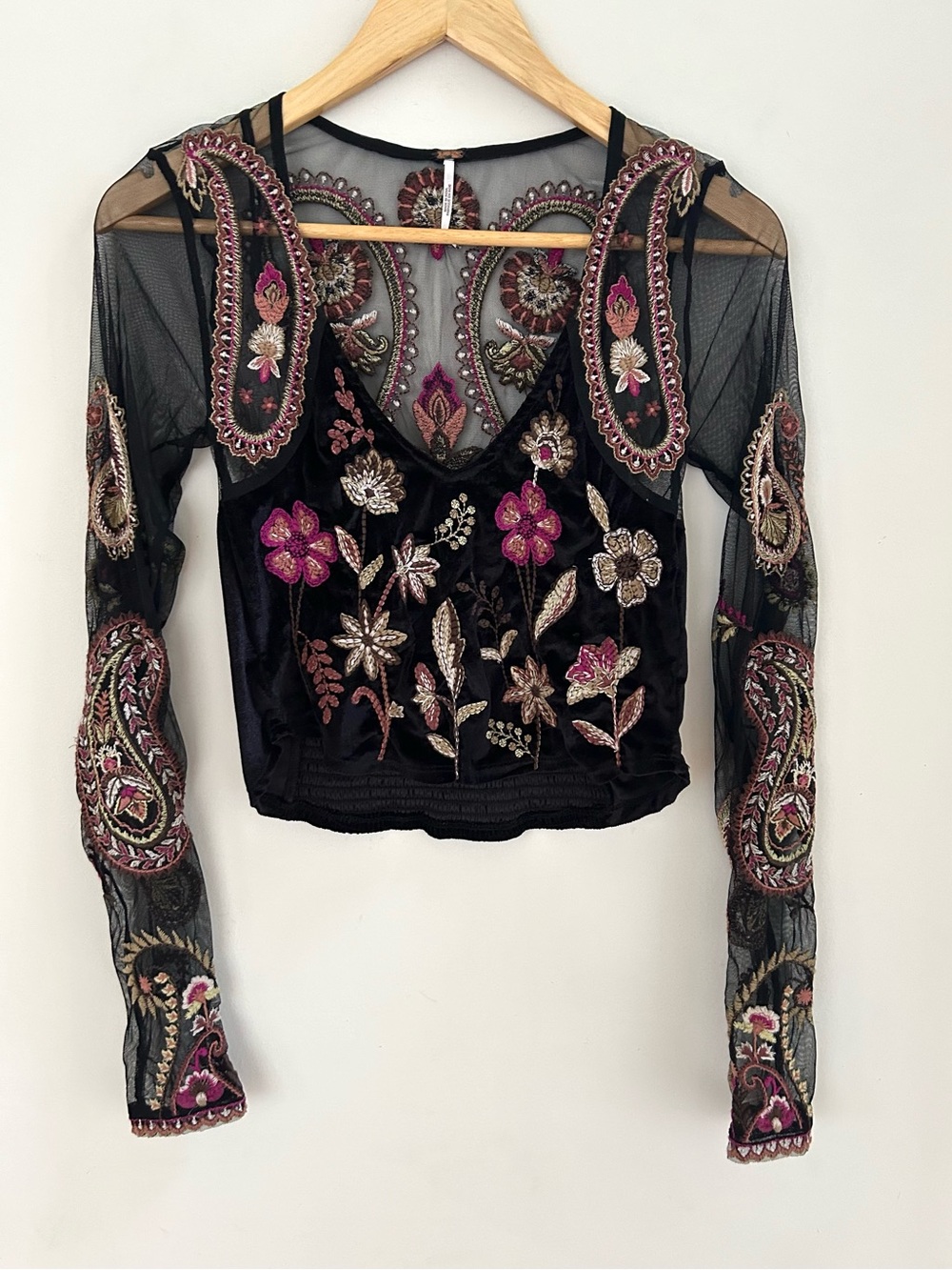 Free People Cropped Embroidered Corset Mesh Florence Top Size Medium